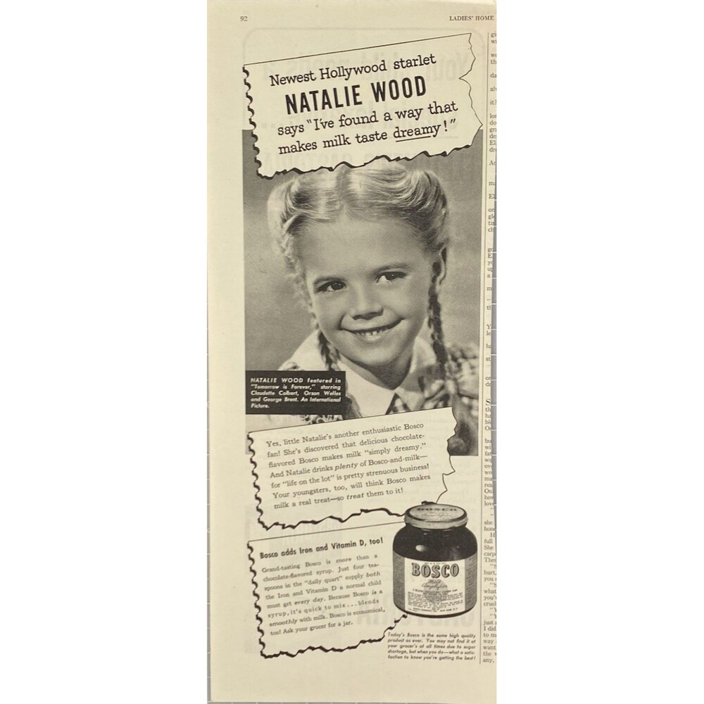 BOSCO Milk Amplifier "Natalie Wood Says Makes Milk Taste Dreamy!" Print Ad 1946
